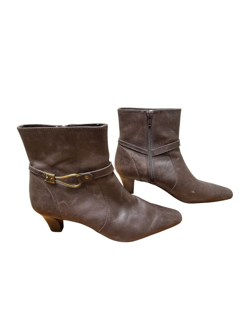 Anne Klein iFlex Leather Ankle Boots Brown Harness Booties Women’s 8.5M